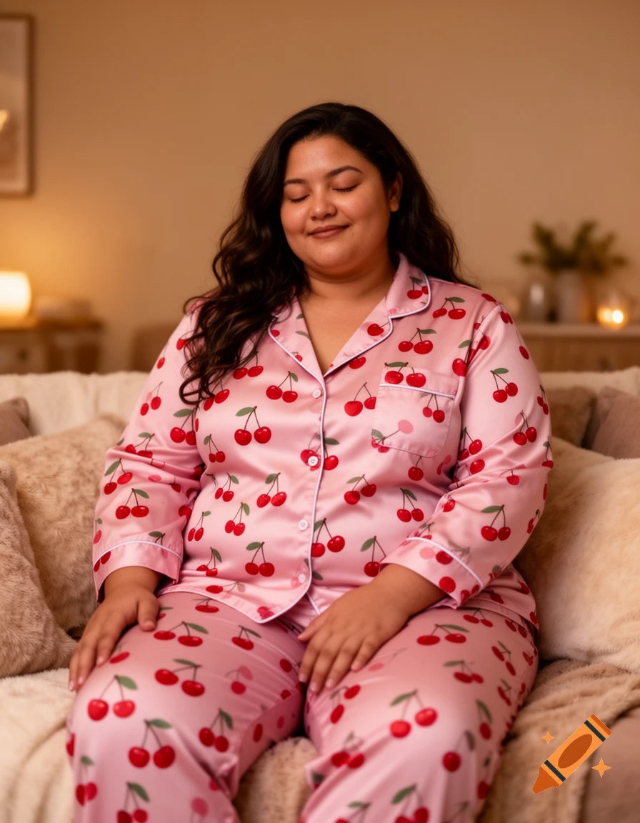 A woman with long dark hair sits on a couch, eyes closed, wearing pink cherry-patterned pajamas.