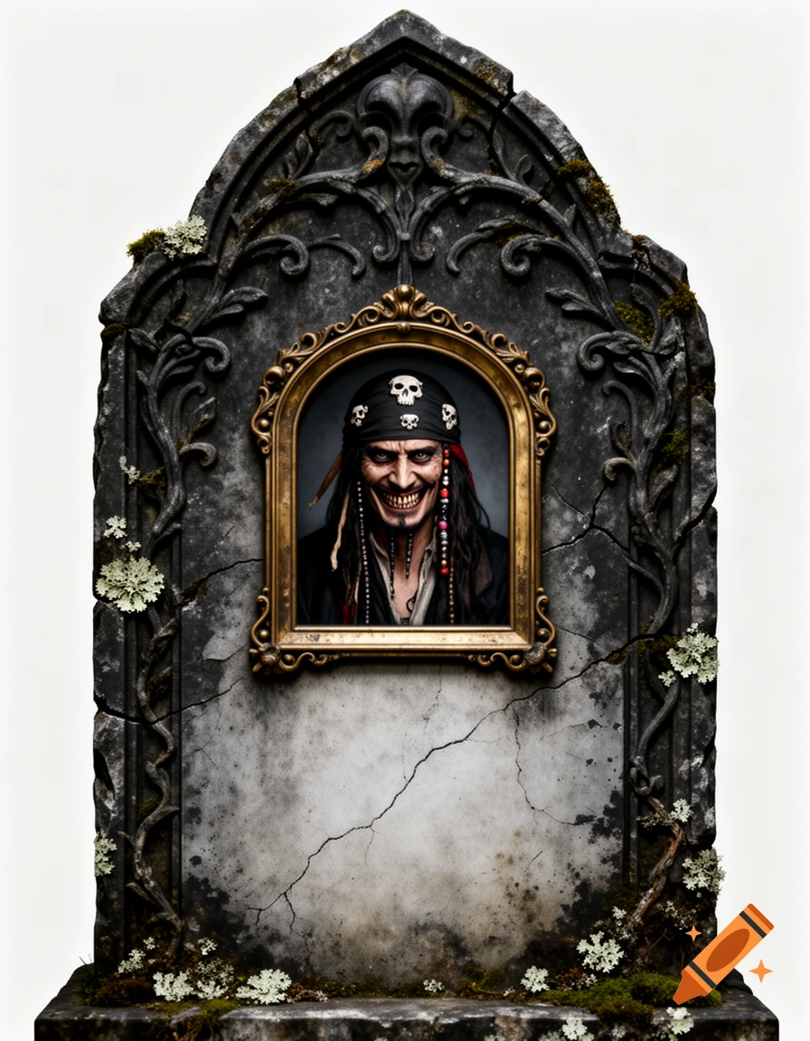 An ornate gothic gravestone with a framed portrait of a grinning pirate in a bandana, covered in moss and cracks.