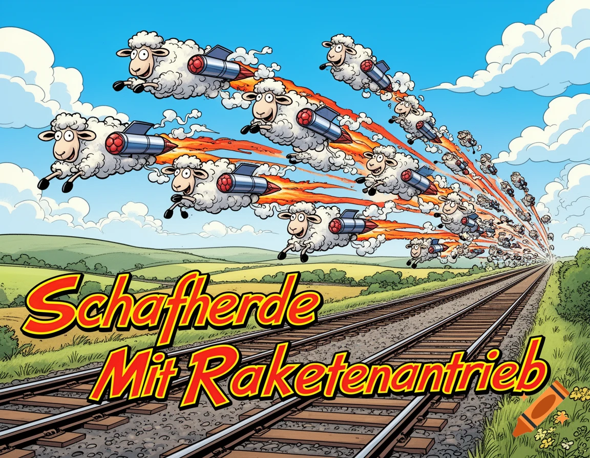Cartoon sheep with rocket engines fly over railway tracks and green hills.