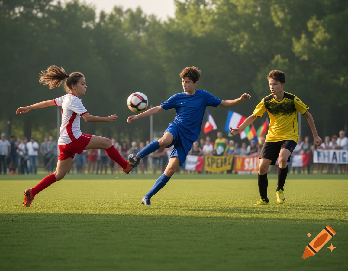 Three young athletes playing soccer on a green field with spectators and flags in the background, one kicking the ball.