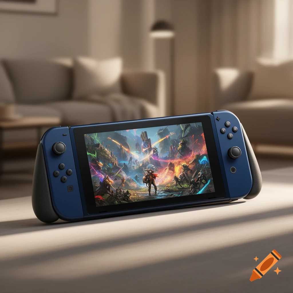 A blue Nintendo Switch-like console sits on a surface, displaying a vibrant fantasy video game on its screen in a living room.