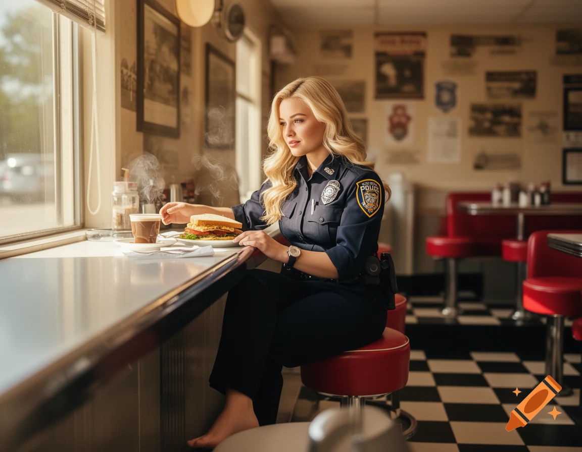 A blonde policewoman in uniform sits barefoot at a retro diner counter, eating a sandwich and drinking coffee.
