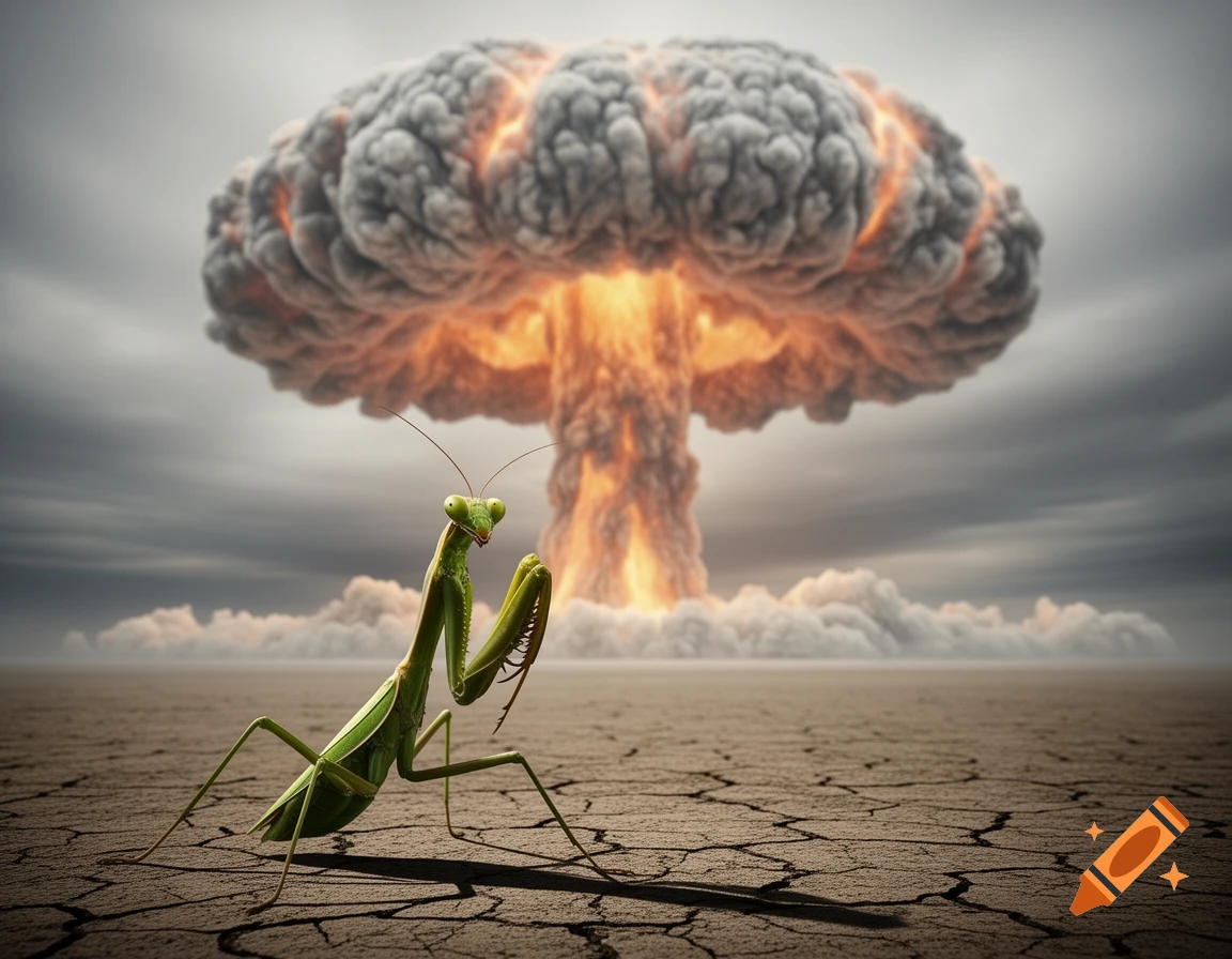 A green praying mantis stands on cracked earth, looking towards the viewer, with a massive fiery mushroom cloud in the background under a cloudy sky.