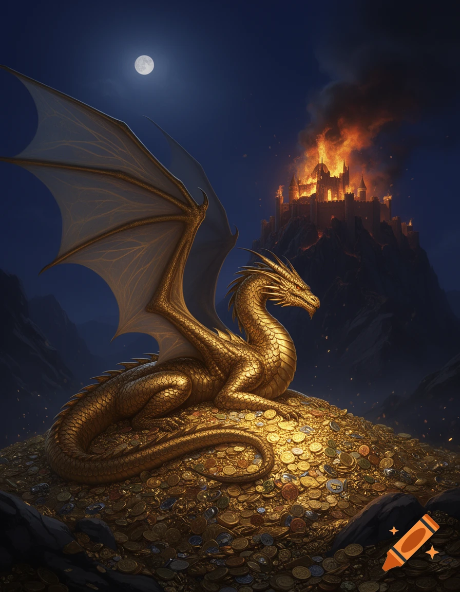 A golden dragon rests on a mountain of gold coins while a castle burns in the distance under a full moon at night, fantasy art.