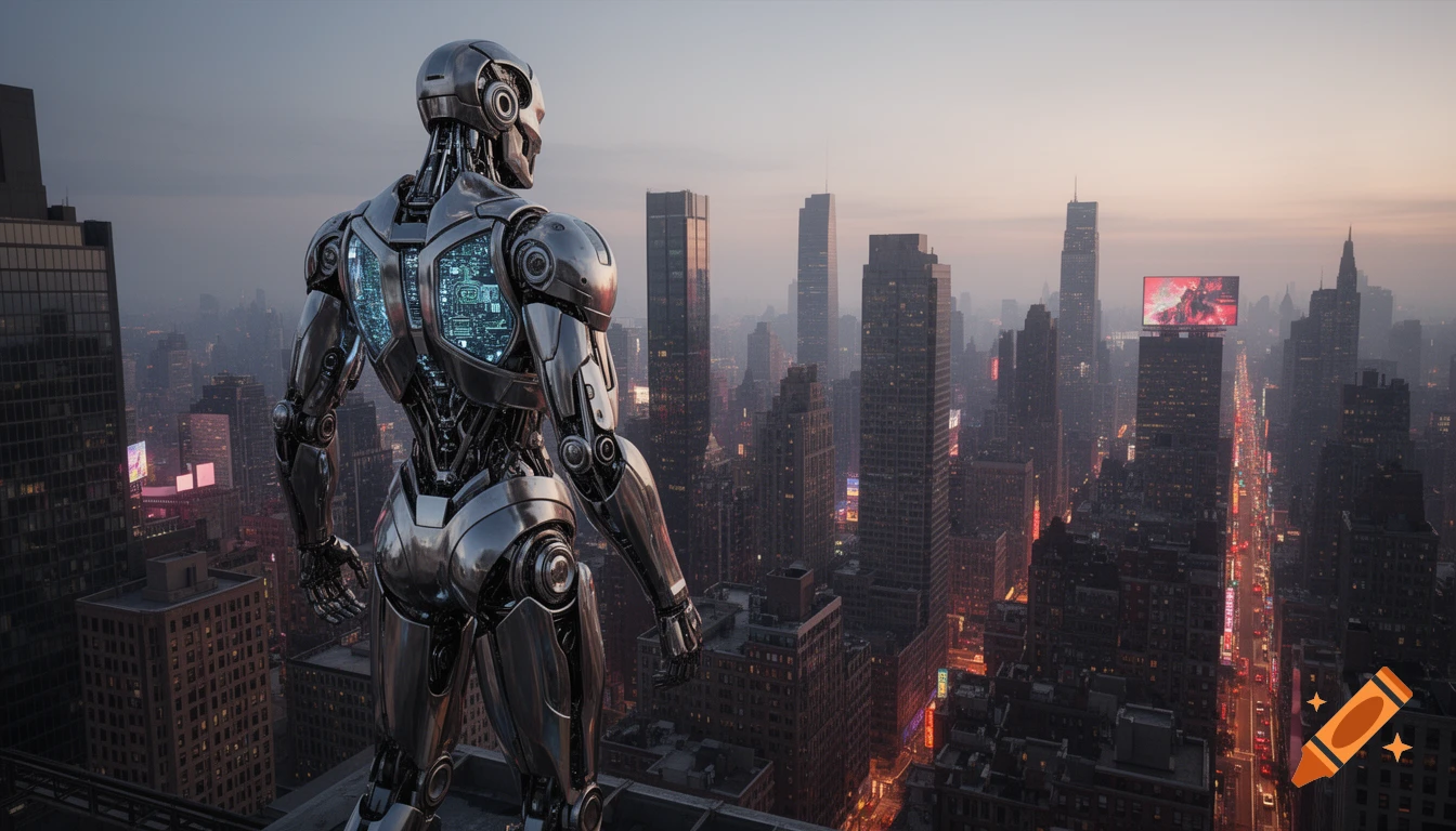 A photorealistic metallic cyborg stands on a rooftop, overlooking a vast city at dusk with illuminated streets.