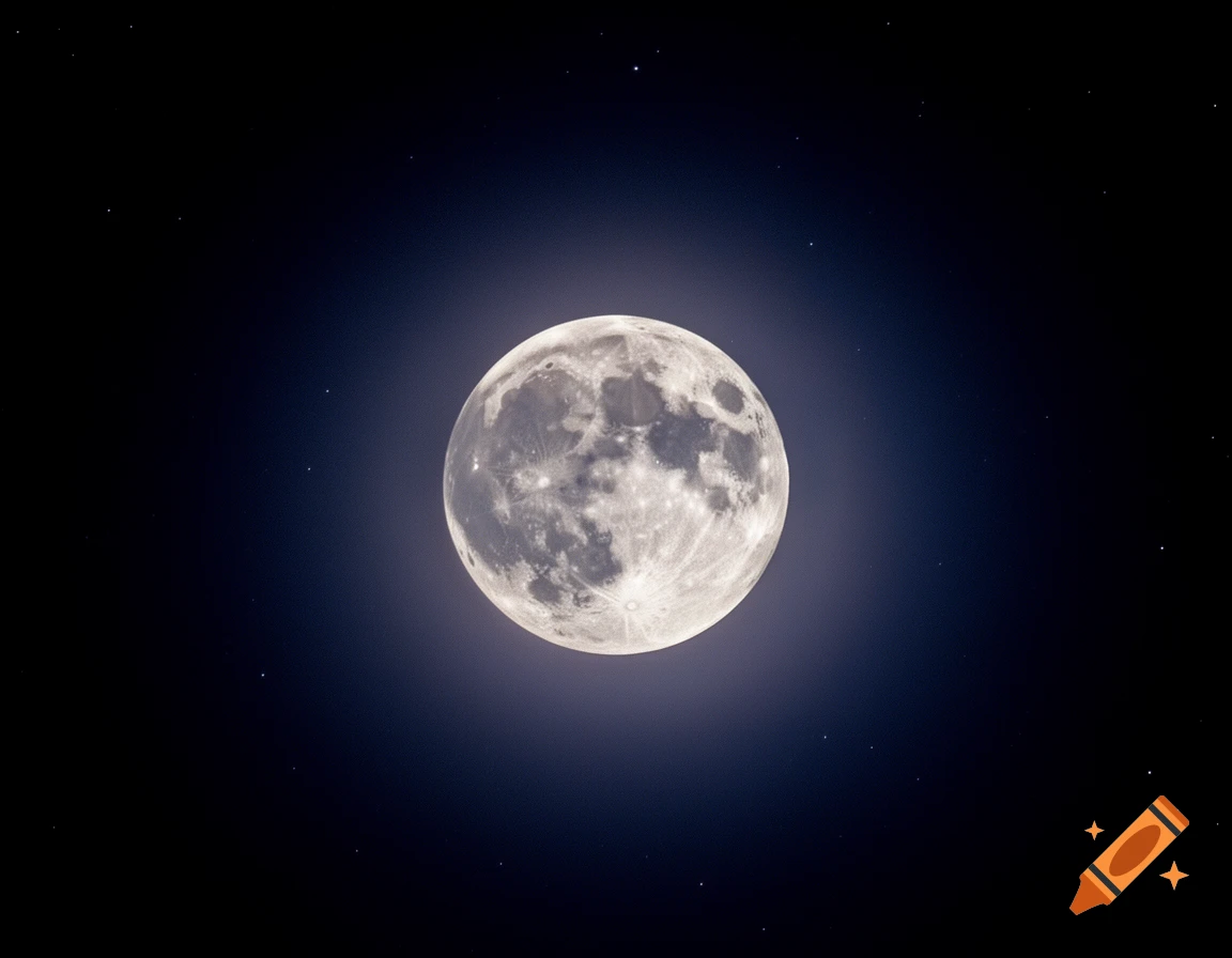 A detailed full moon brightly glowing in a dark, star-filled night sky.