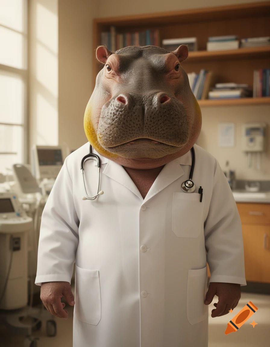 A photorealistic hippopotamus doctor wearing a white lab coat and stethoscope stands in a medical exam room, with a yellowish tint on its lower face.