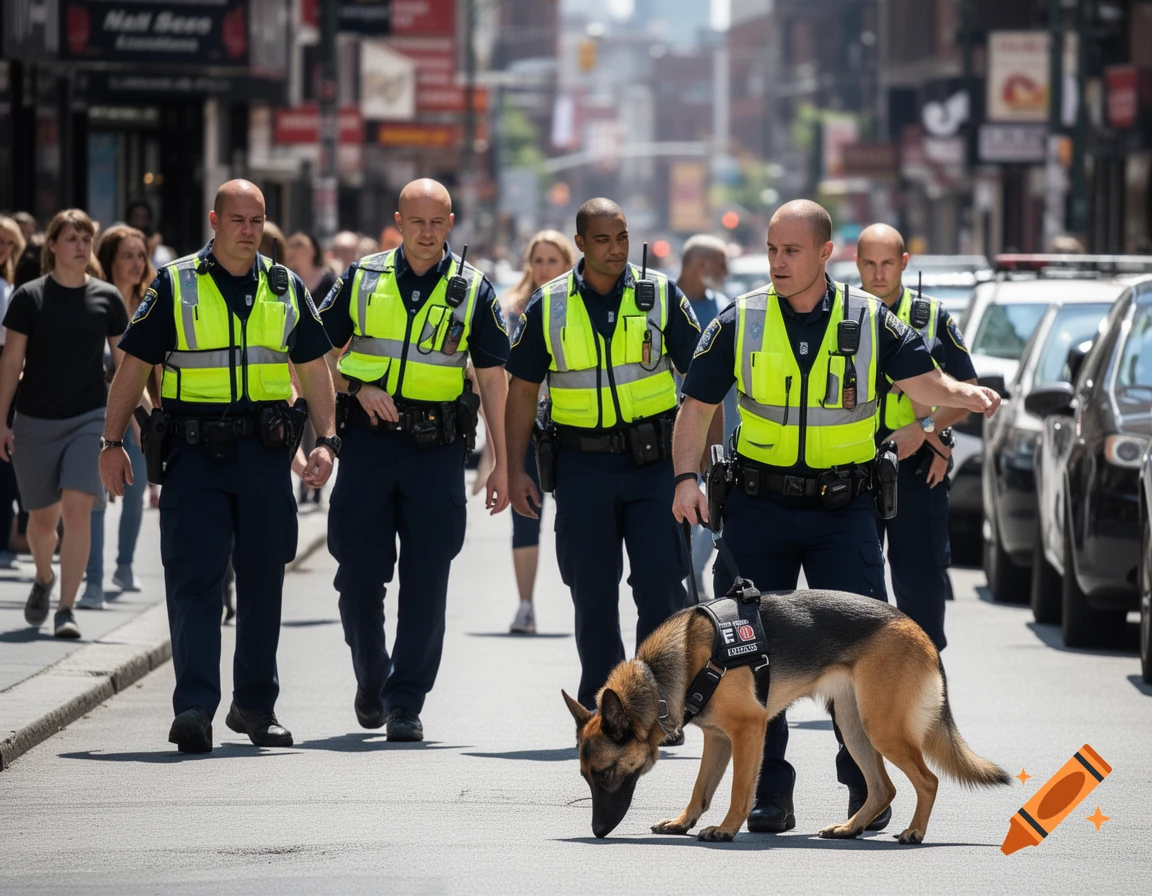 Four police officers in neon vests and a German Shepherd K9 unit walk down a busy city street, searching.