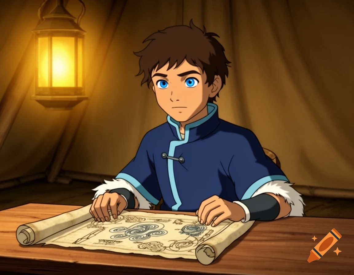 A young Water Tribe boy with blue eyes studies an ancient scroll at a wooden desk inside a tent, in 2D animation style.
