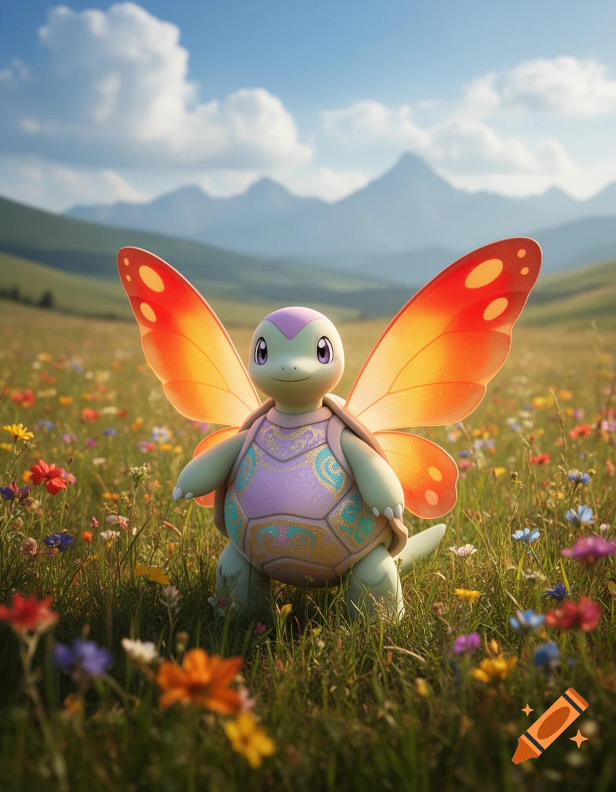 A turtle-like creature with orange butterfly wings stands in a field of colorful wildflowers. Mountains are in the background under a blue sky.