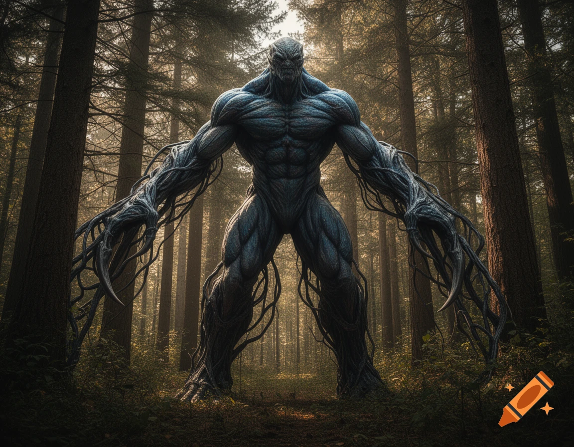 A large, muscular, grey-blue monster with gnarled, root-like arms and legs stands in a dark, misty forest.