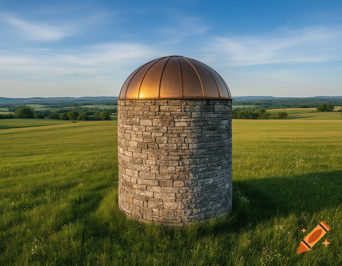 A photorealistic image of a stone silo with a gleaming bronze dome in a vast green field under a blue sky.