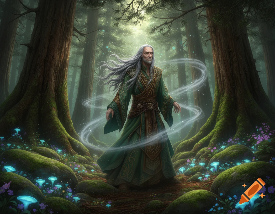 A grey-haired druid in a green robe stands in an enchanted forest with glowing blue mushrooms, magical wisps around him.
