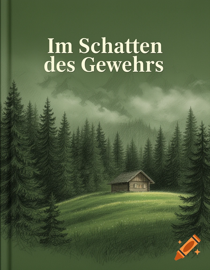 Illustration of a green forest landscape with a small log cabin on a grassy hill, pine trees, and misty mountains. The book title 'Im Schatten des Gewehrs' is at the top.