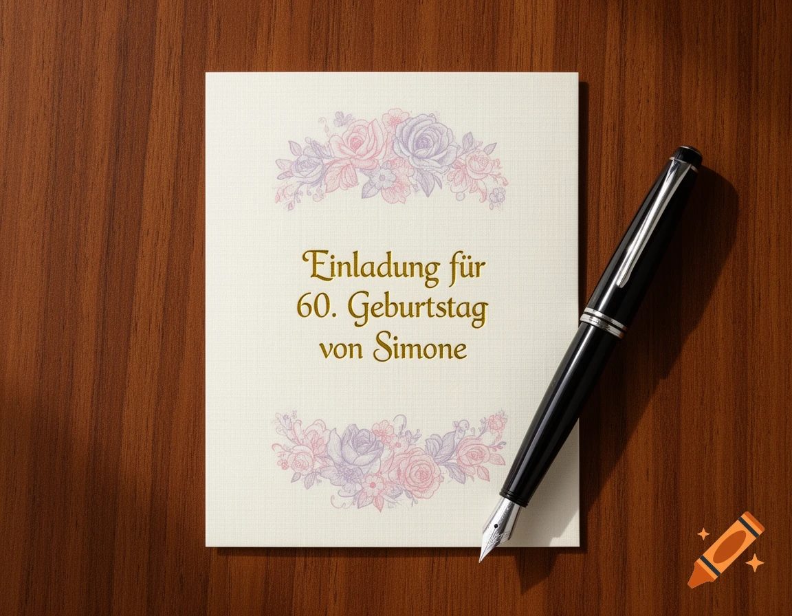 A cream-colored birthday invitation card with floral designs and text "Einladung für 60. Geburtstag von Simone" next to a black fountain pen on a wooden table.