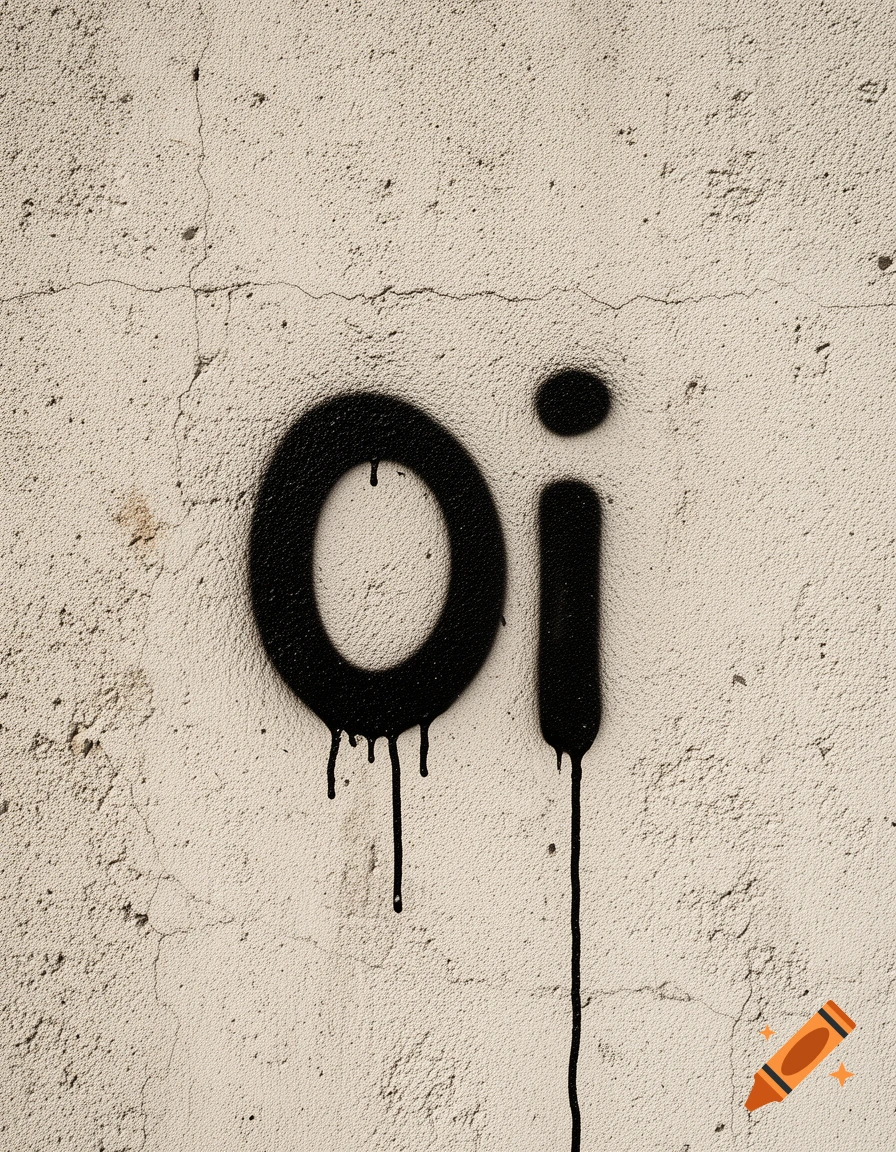The word 'Oi' spray-painted in black on a cracked, textured beige wall, with paint drips.