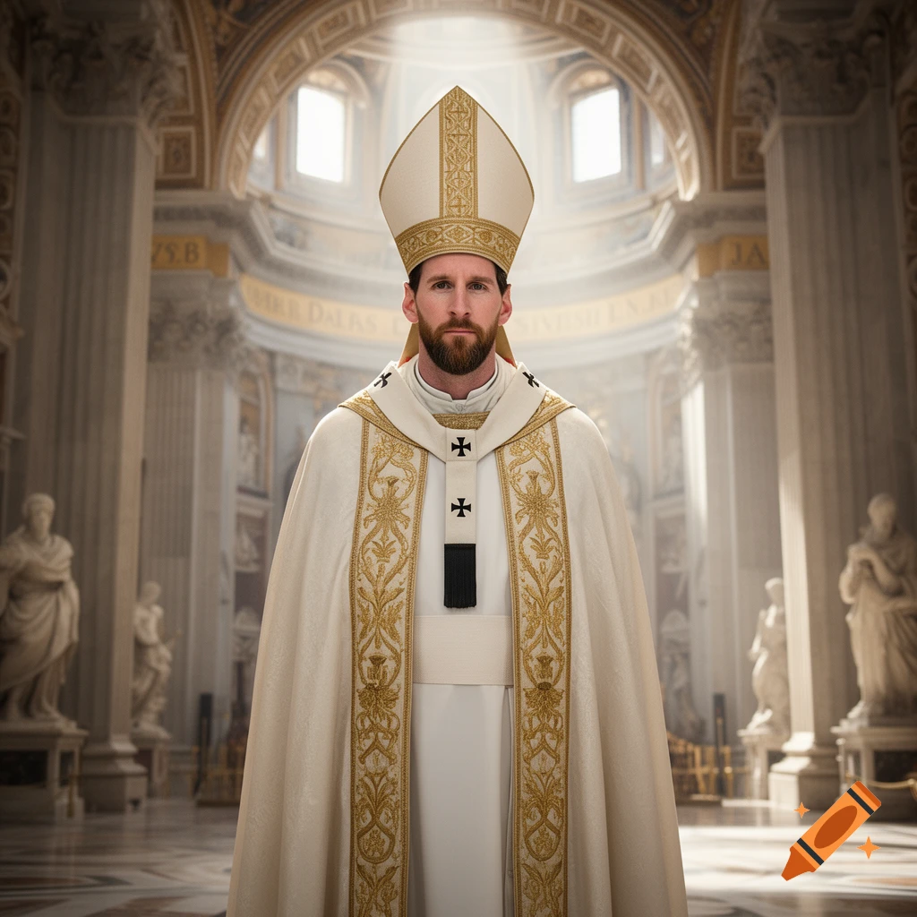 Photorealistic image of Lionel Messi with a beard, dressed as a pope in white and gold vestments, standing inside a grand cathedral.