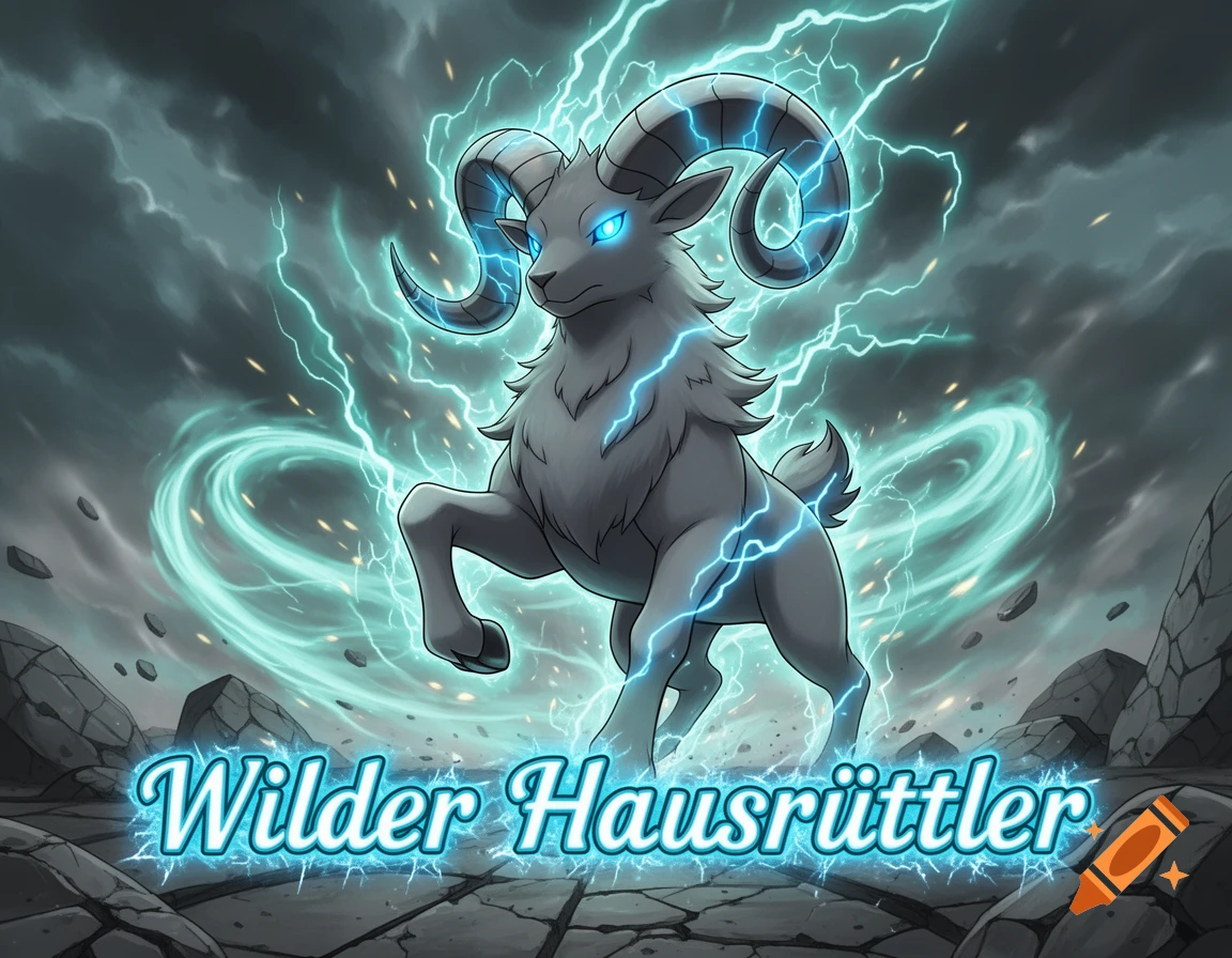 A stylized gray ram-like creature with glowing eyes and lightning around it, in a stormy Pokemon style. Text 'Wilder Hausrüttler' below.
