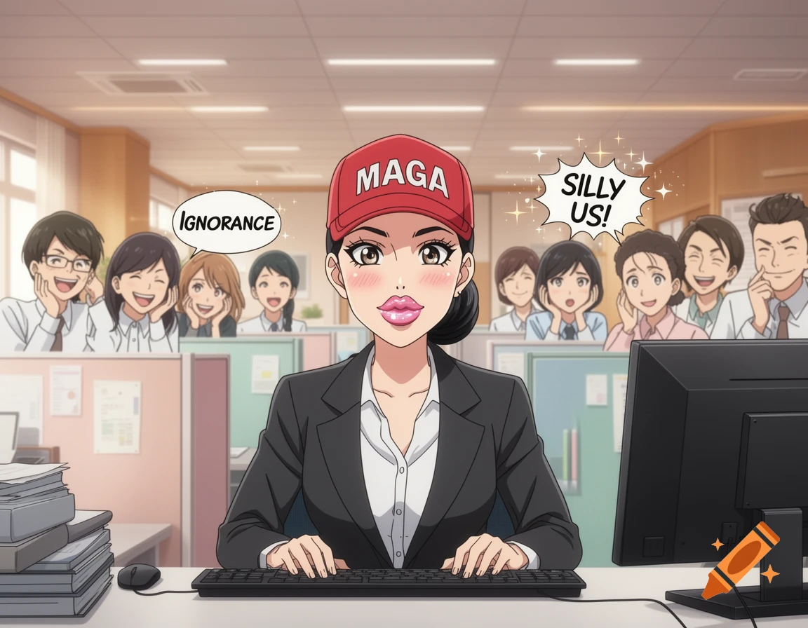 An anime-style woman in an office, wearing a red MAGA hat and exaggerated makeup, works at a computer while colleagues behind her laugh and point with speech bubbles saying "IGNORANCE" and "SILLY US!"