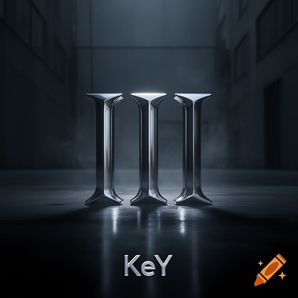 Three shiny chrome Roman numeral 'I's stand on a dark, reflective floor with smoke. Below, 'KeY' in chrome text.