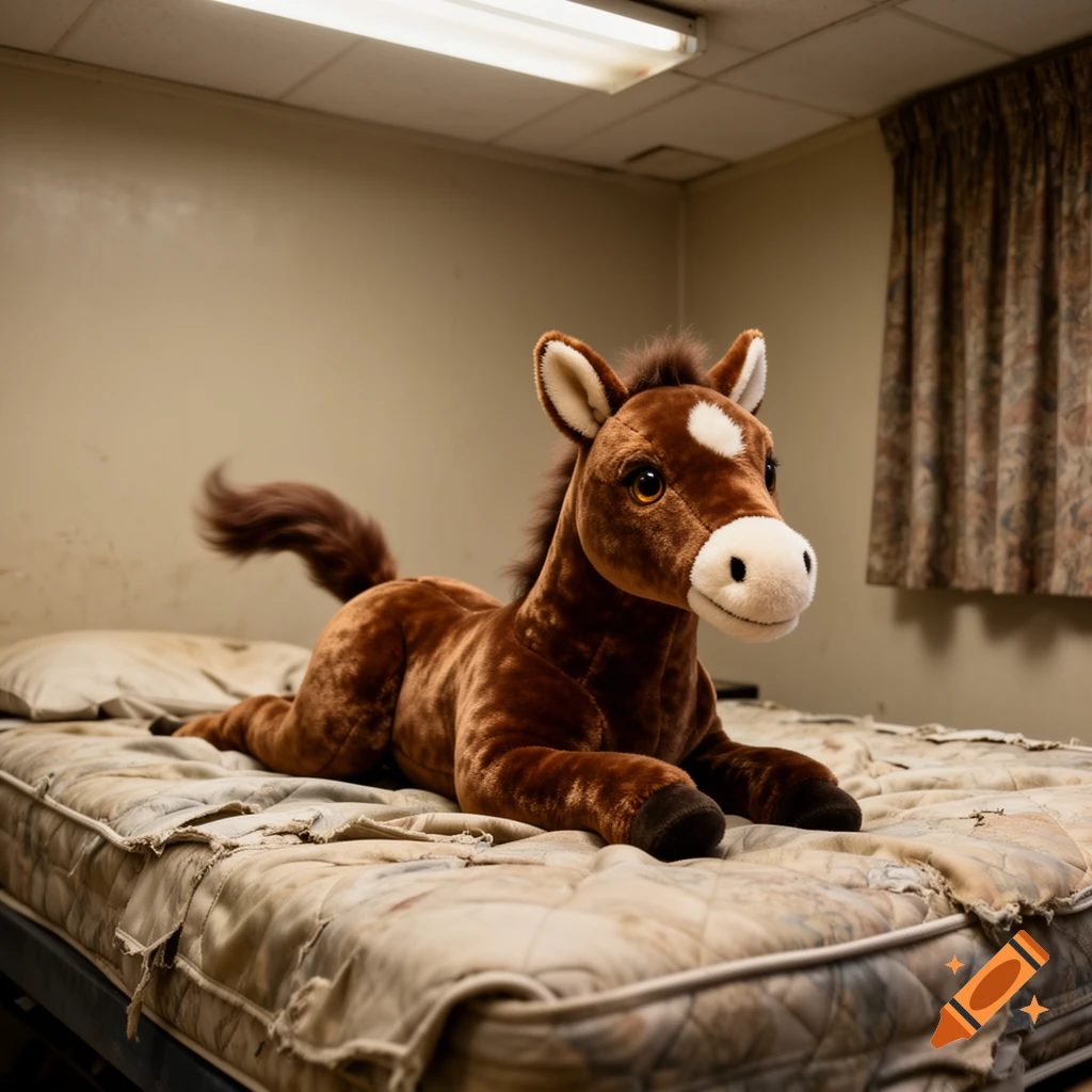 Hyperrealistic brown foal plushie with a white snout and lifted tail sprawling on a dirty mattress in a cheap hotel room, smiling.