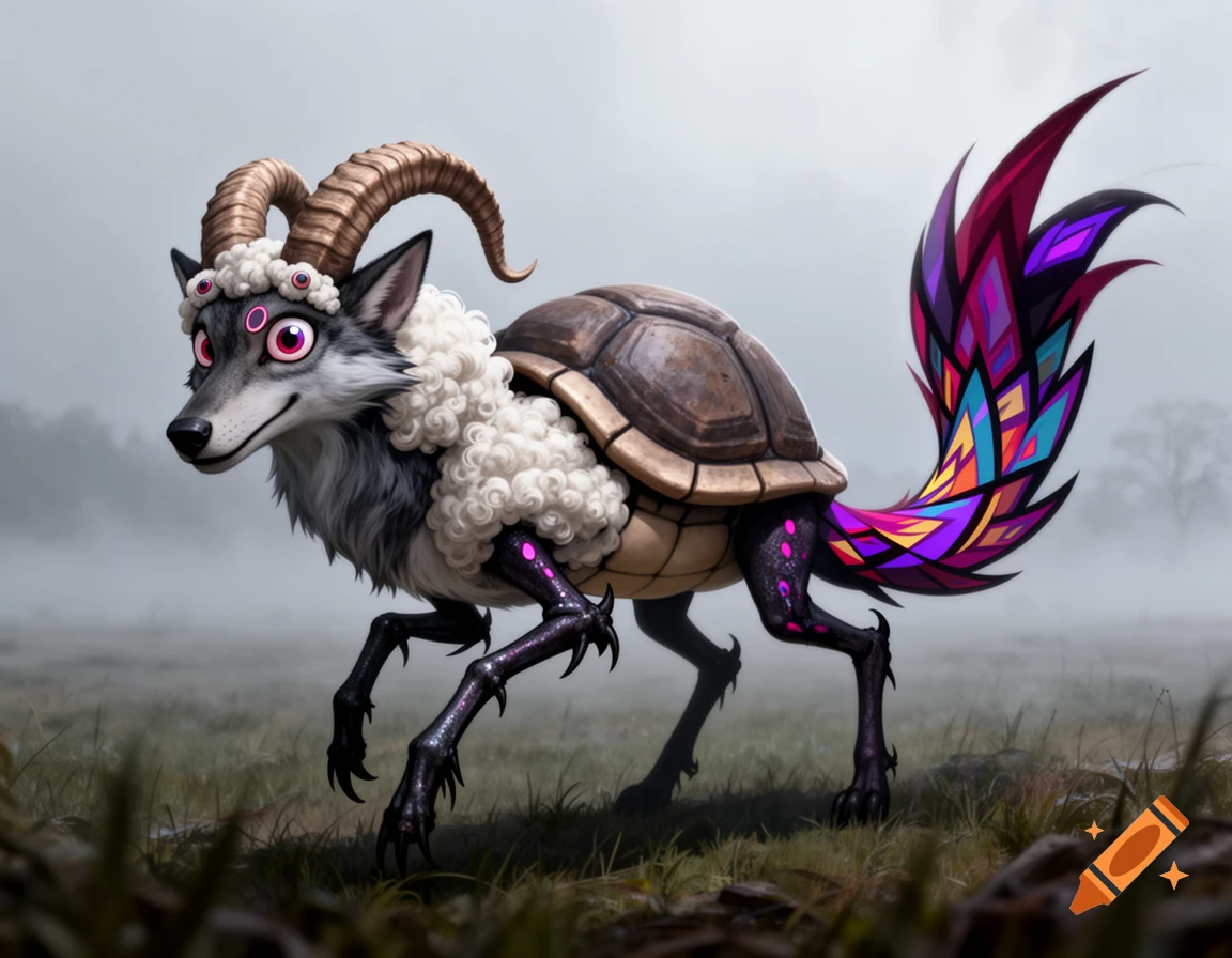 A fantasy hybrid creature with a wolf's head, ram horns, sheep's wool, a turtle shell, spider-like legs, and a colorful segmented tail stands in a misty field.