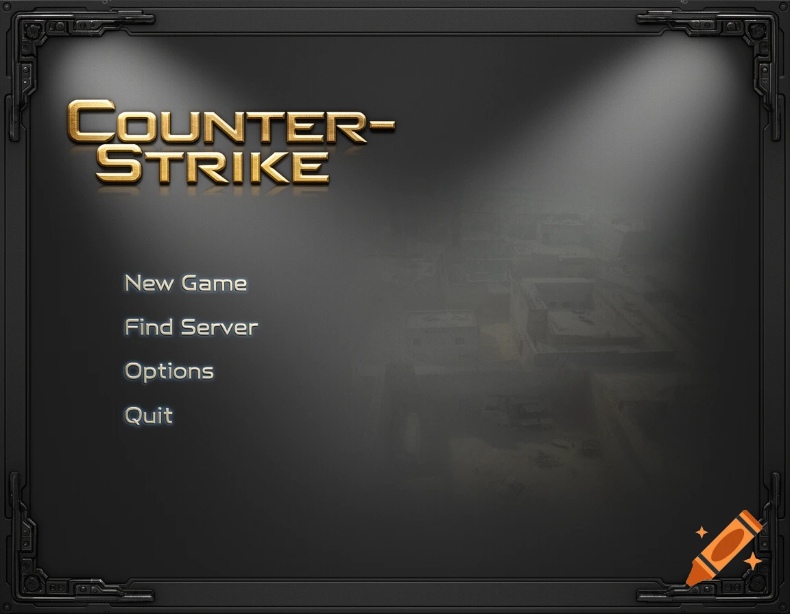 The Counter-Strike video game main menu with the golden title 'Counter-Strike' and options like 'New Game', 'Find Server', 'Options', 'Quit'.