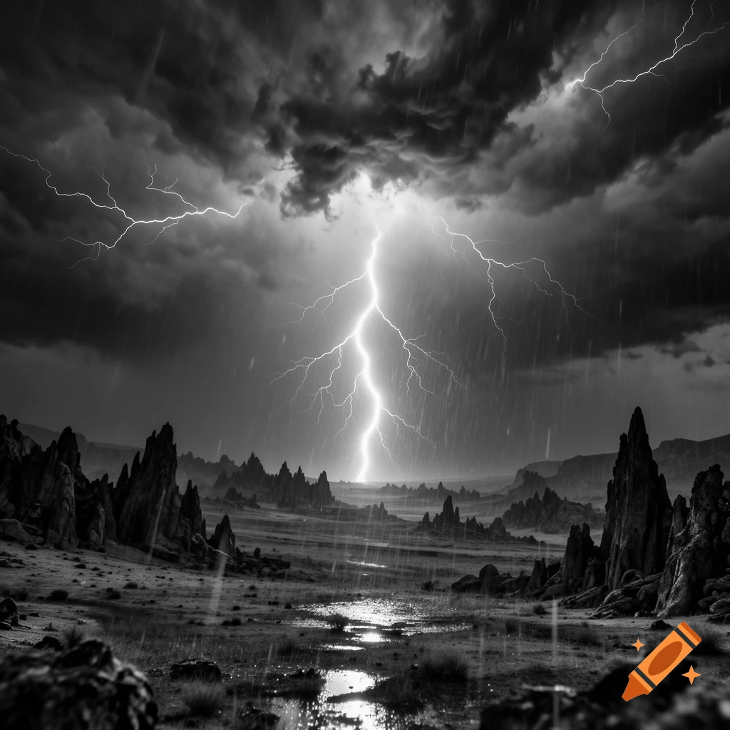 Dramatic black and white landscape of a stormy sky with heavy rain and a powerful lightning strike over a rugged, rocky terrain.
