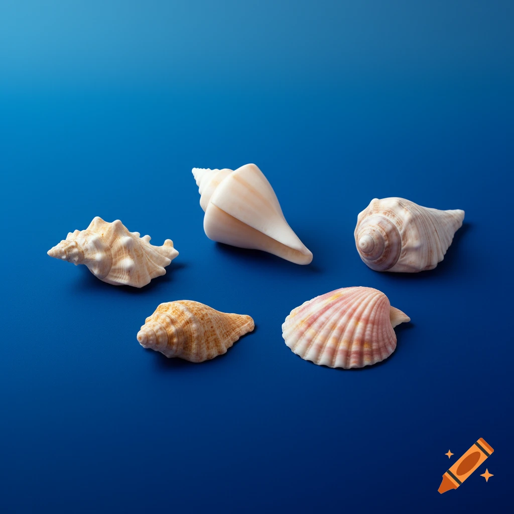 Five various seashells, including conch and scallop shells, arranged on a vibrant blue background.