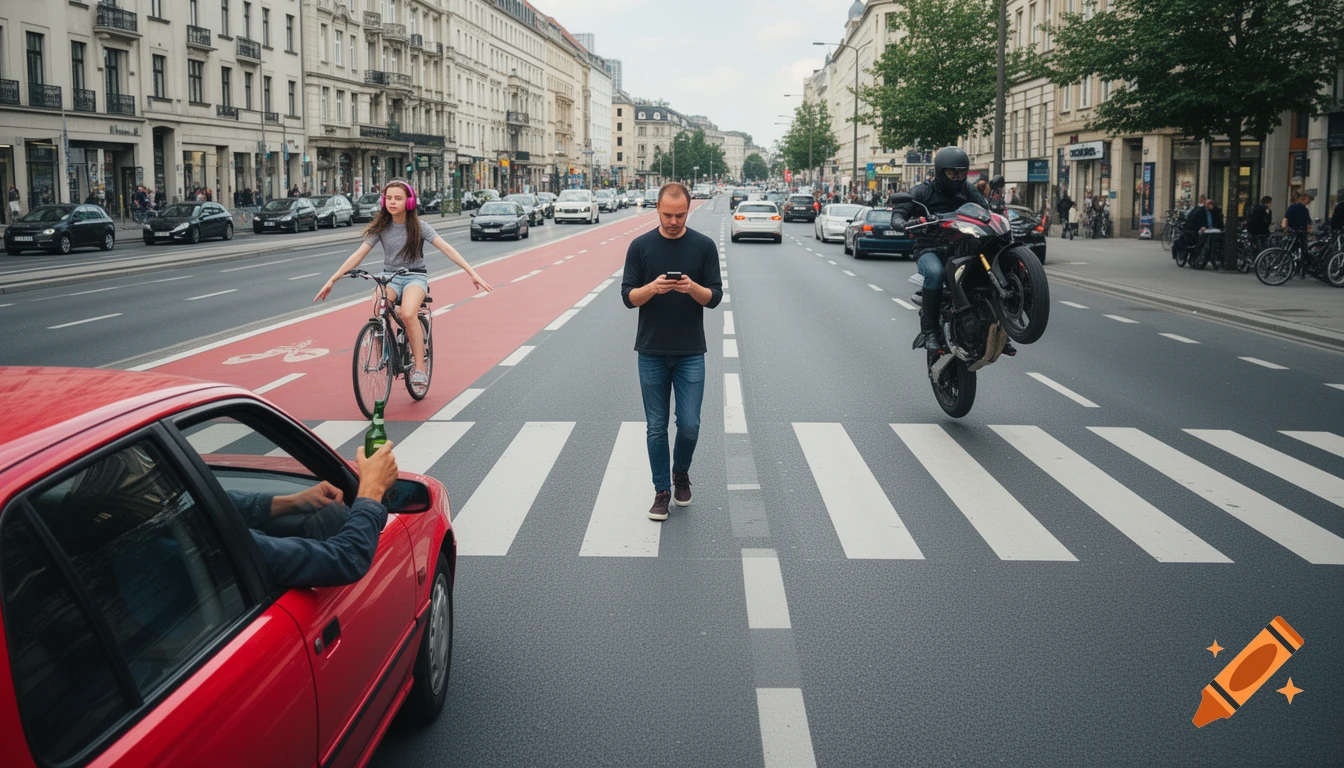 Photorealistic urban scene showing dangerous traffic distractions: a phone-gazing pedestrian, a hands-free cyclist, a motorcycle wheelie, and a driver holding beer.