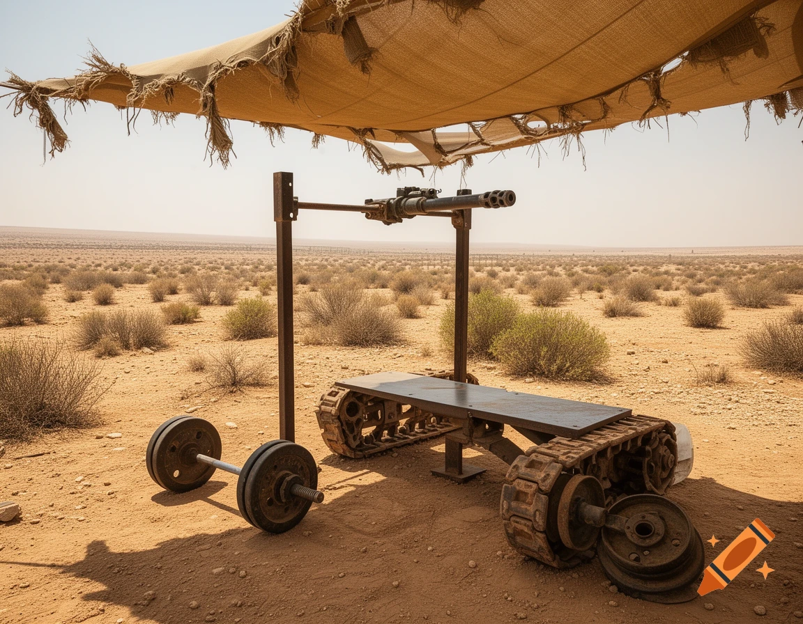 Photorealistic image of an improvised outdoor gym made from tank scraps and a barbell, with a machine gun, under a ripped canopy in a desert.