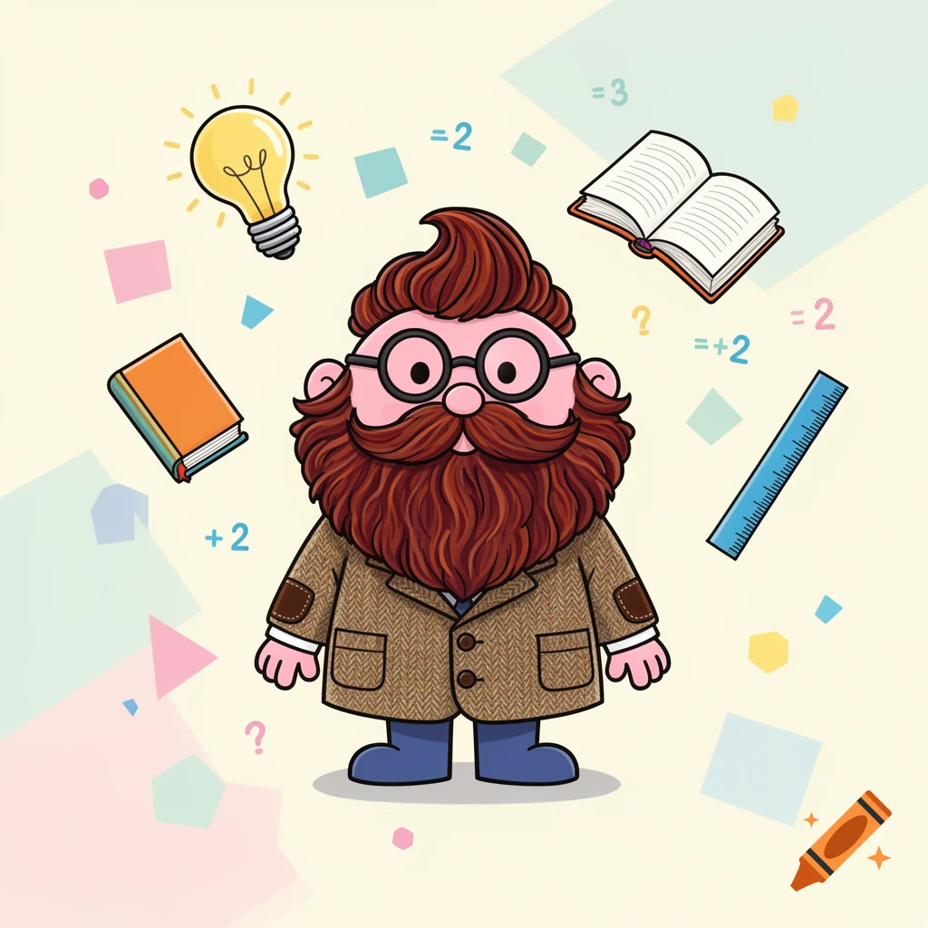 Cartoon of a bearded man with glasses in a tweed jacket, surrounded by a lightbulb, books, a ruler, and math symbols.