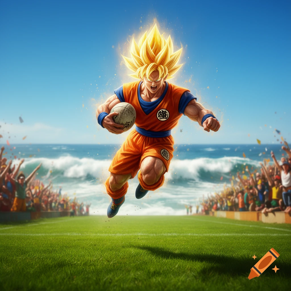 Goku in Super Saiyan form, wearing an orange and blue rugby uniform, leaps across a green field with a rugby ball, cheered by a crowd by the ocean.