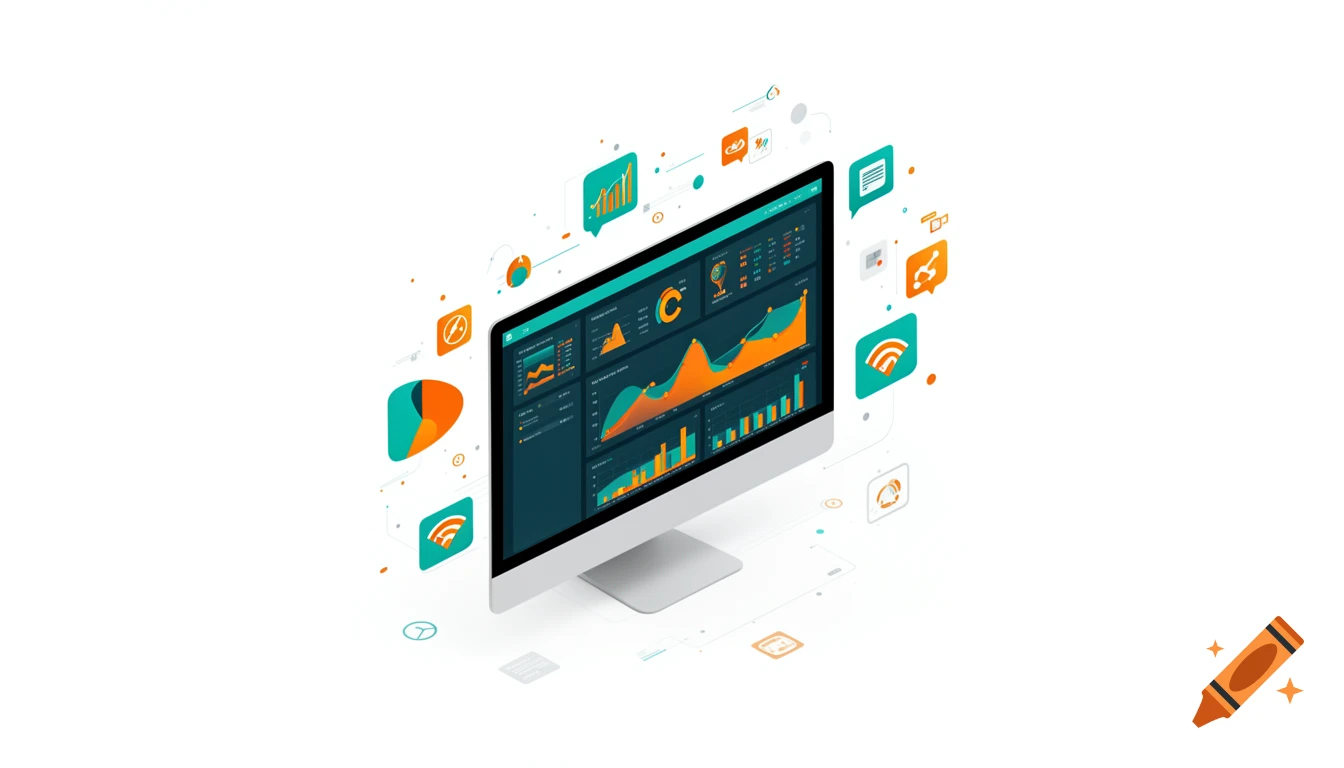 Isometric view of a computer monitor displaying data dashboards with charts and graphs, surrounded by floating abstract analytics icons.