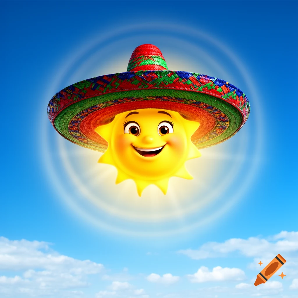 A smiling cartoon sun wearing a colorful sombrero floats in a bright blue sky with faint clouds.
