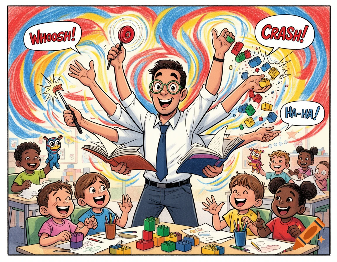 A cartoon male kindergarten teacher with multiple arms juggles toys and books while children play with LEGOs in a vibrant classroom.