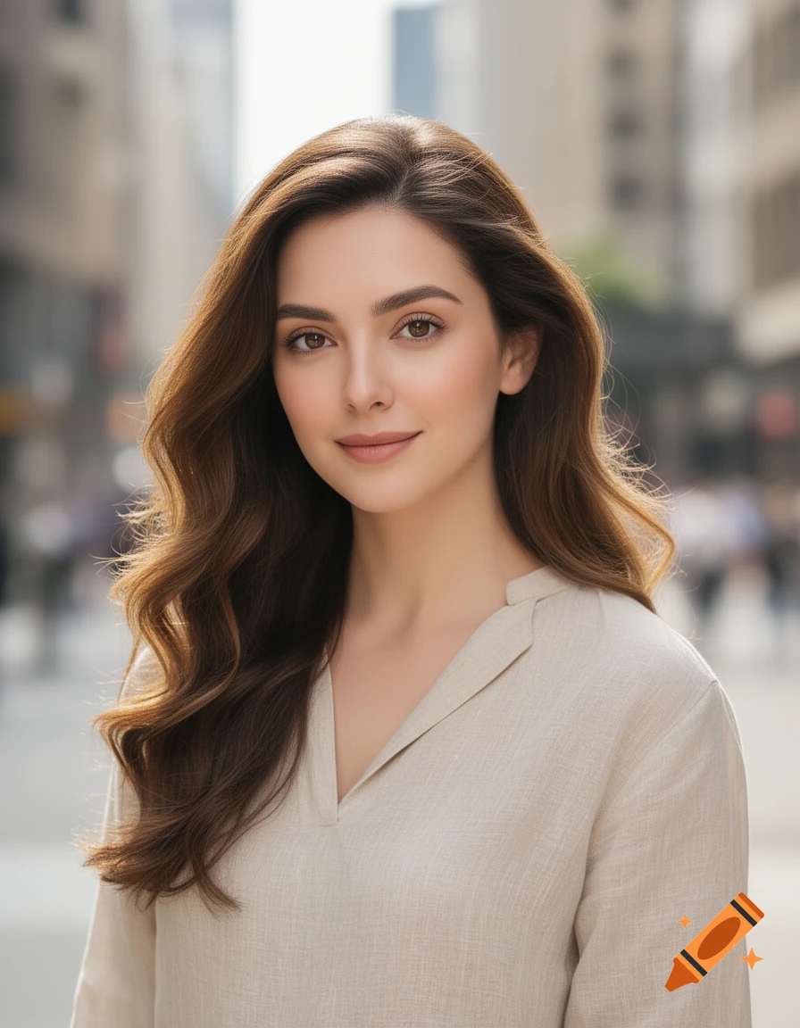 Photorealistic portrait of a young woman with long wavy brown hair, wearing a beige top, with a blurred city background.