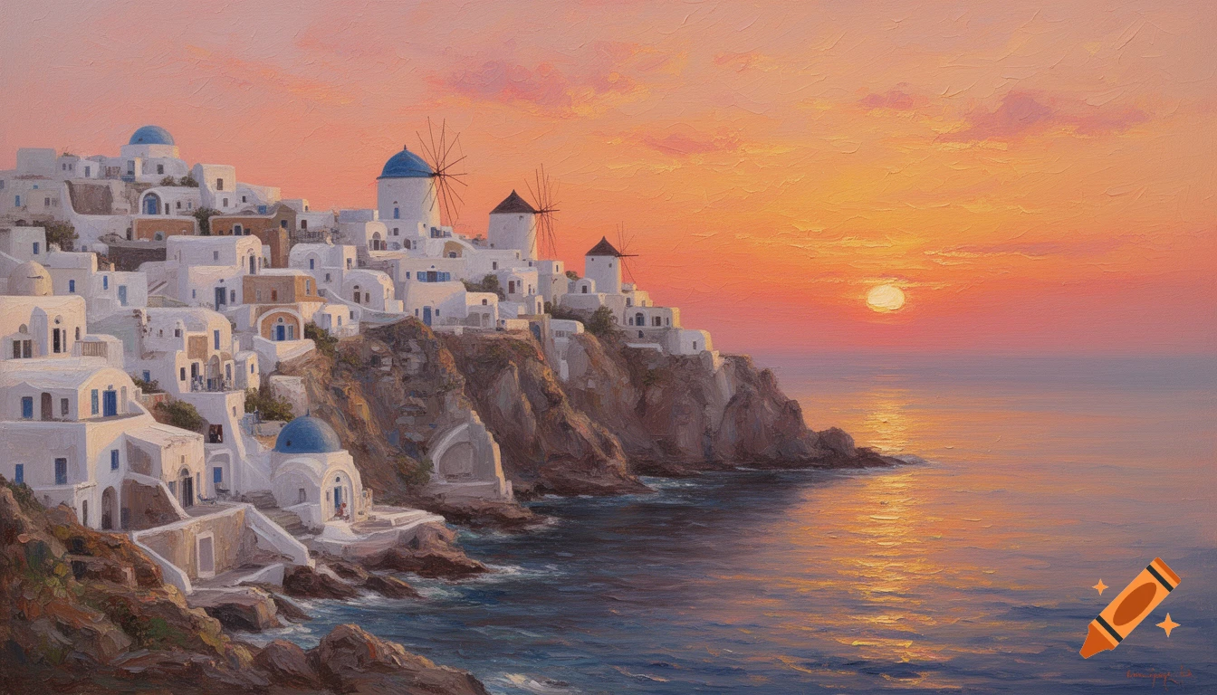 Oil painting of a whitewashed cliffside village with domes and windmills by the sea at sunset.