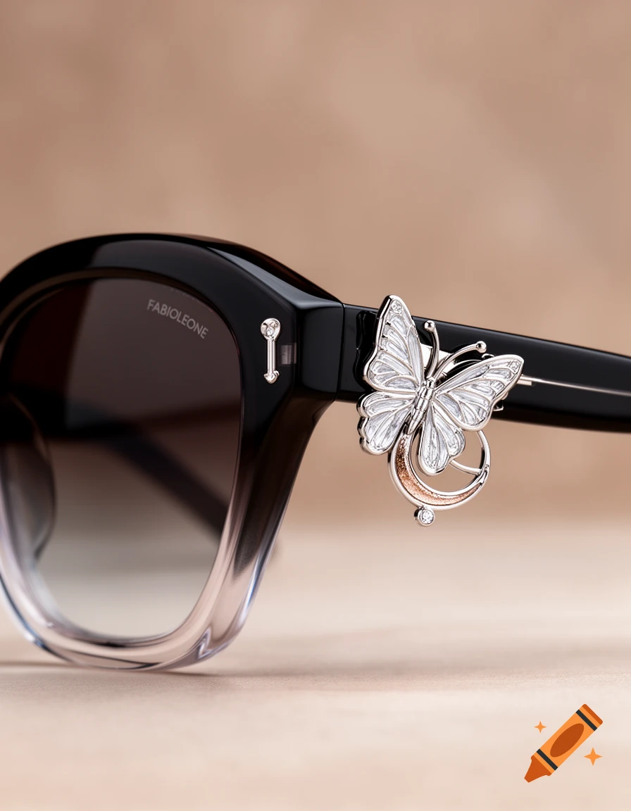 Close-up of black sunglasses with a silver butterfly and crescent moon charm on the arm, displaying the FABIOLEONE logo.