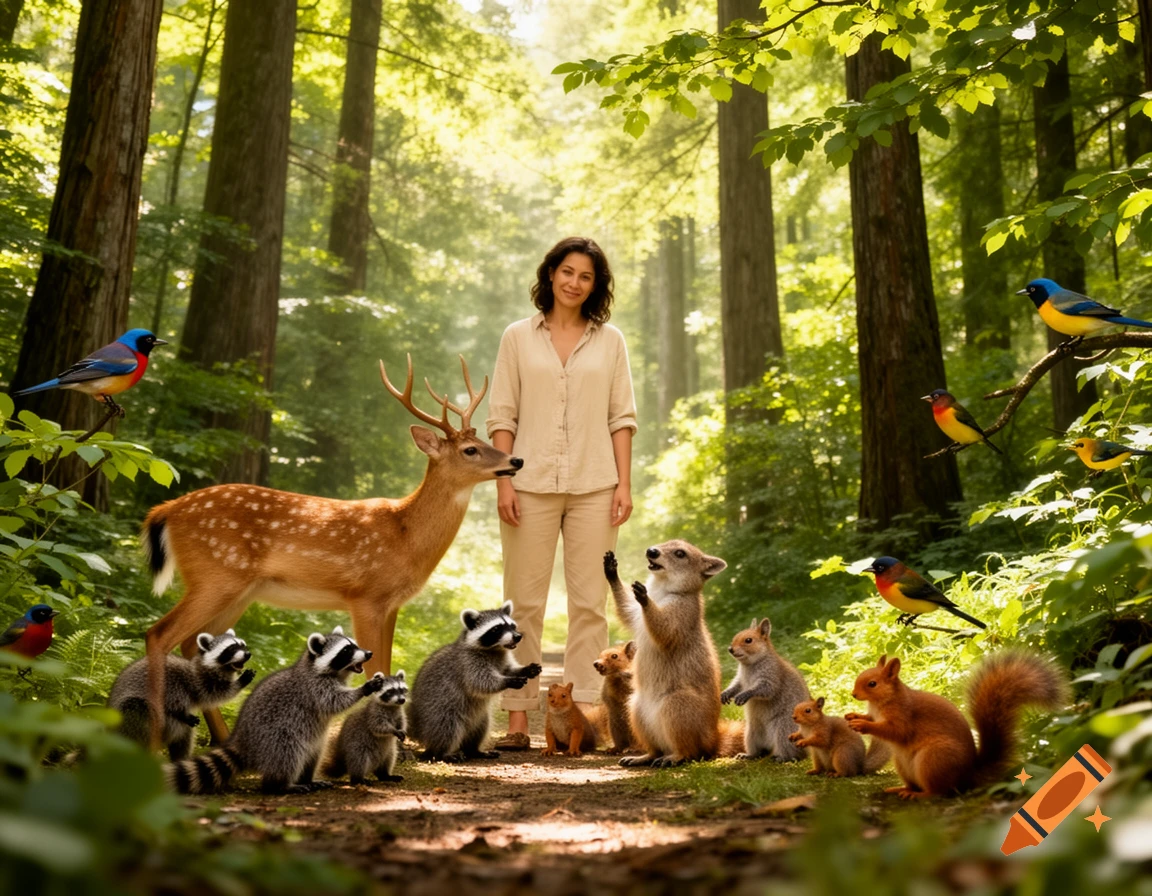A woman stands in a sunlit forest surrounded by various friendly animals, including a deer, raccoons, squirrels, and colorful birds.