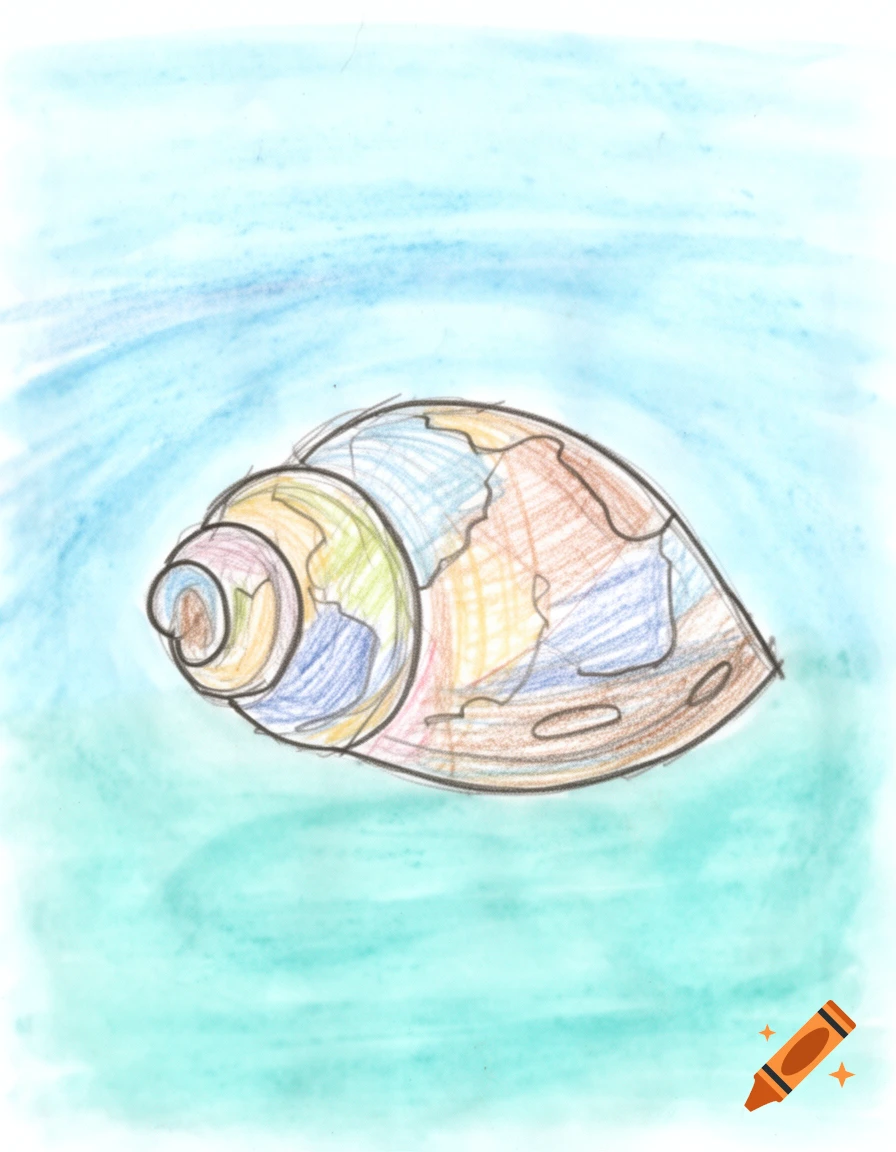 A colorful, child-like drawing of a spiral seashell against a blue and green background.