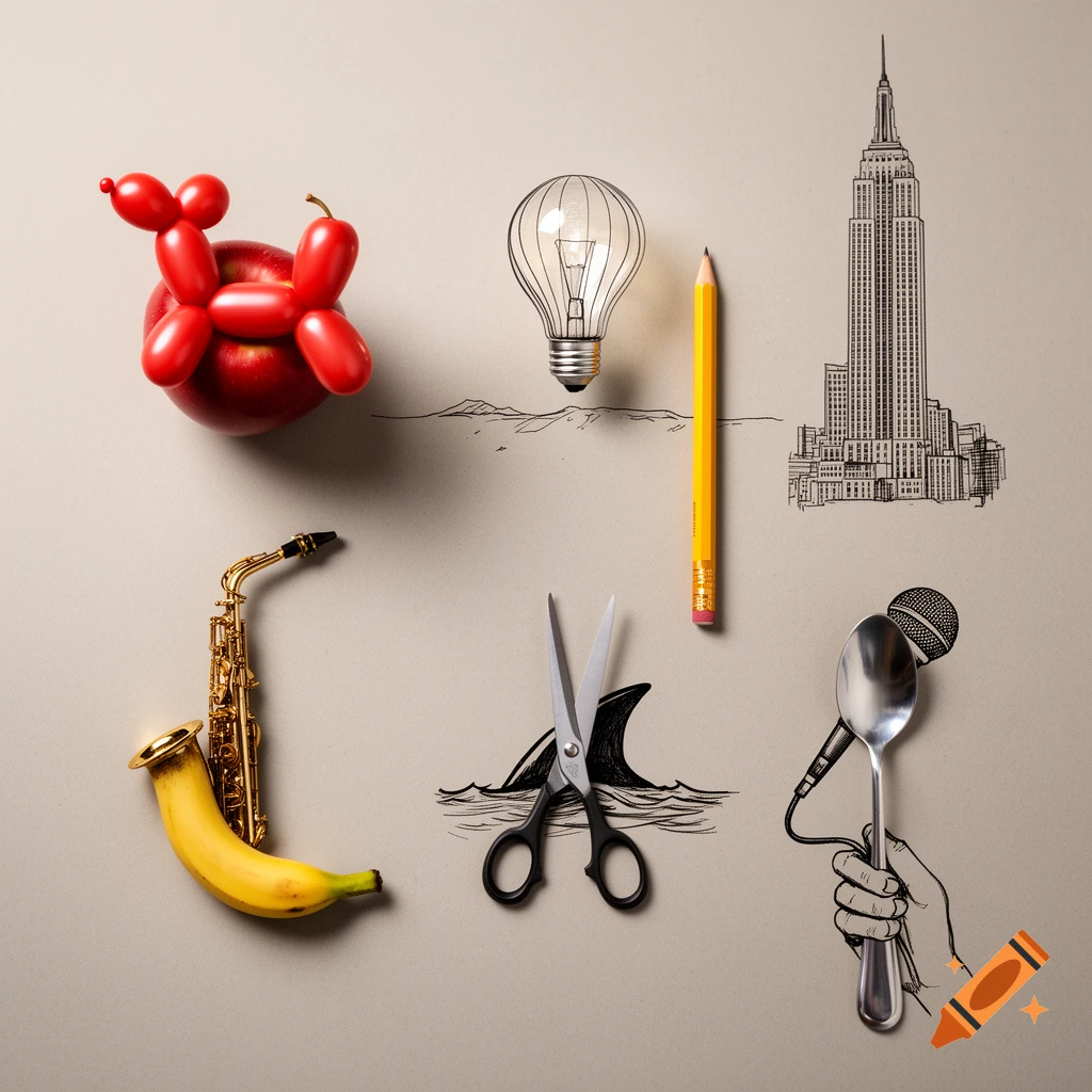 Overhead shot of everyday objects combined with pen sketches on a light background, including a balloon dog on an apple, a lightbulb above a mountain sketch, a pencil next to the Empire State Building sketch, a banana forming a saxophone, scissors next to a shark fin sketch, and a spoon held by a sketched hand with a microphone attached.