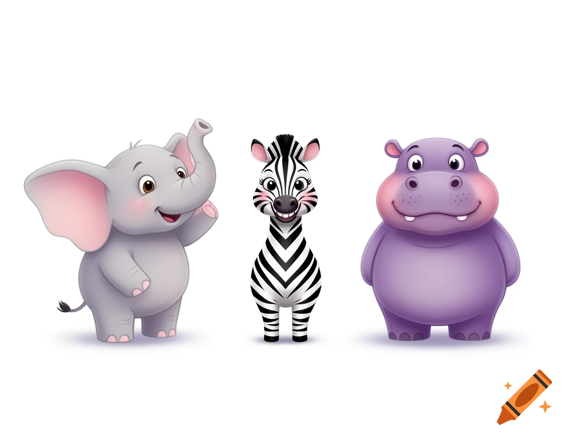 Three happy cartoon animals, an elephant, a zebra, and a hippopotamus, stand in a line on a white background.