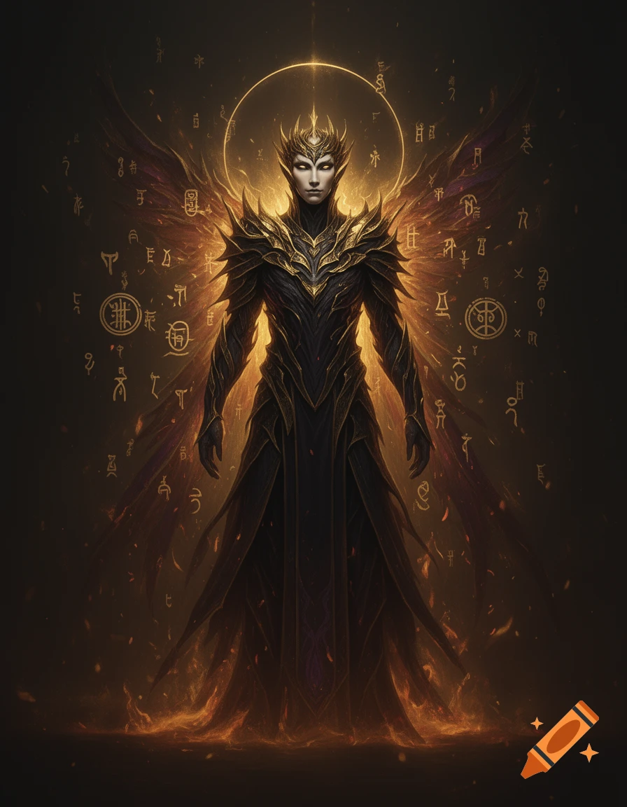 A regal, ethereal being in dark armor and robes with golden accents, glowing eyes, and a crown stands amidst fiery embers and floating ancient symbols under a golden halo.