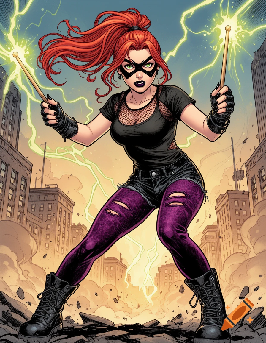 Red-haired superheroine in goth attire, with drumsticks and lightning, poses in a destroyed city street in comic book art style.