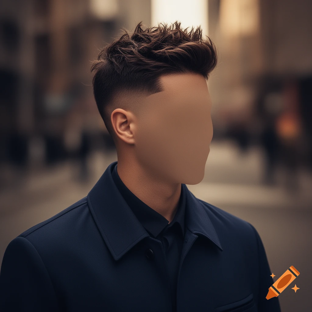 Photorealistic image of a male with a modern haircut and a blank, faceless profile, wearing a dark blue jacket against a blurred urban background.
