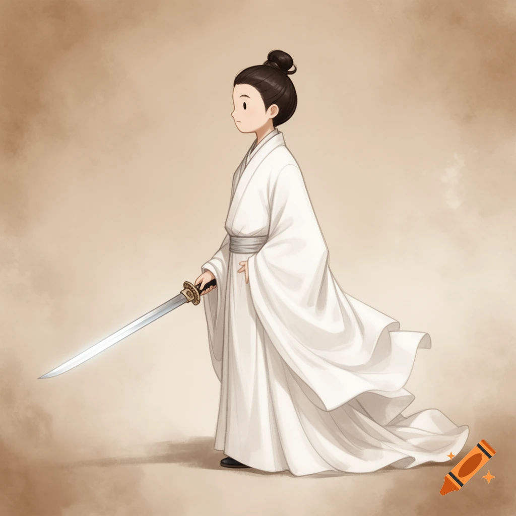 A simple cartoon character in a white traditional Chinese robe, standing in profile holding a sword.