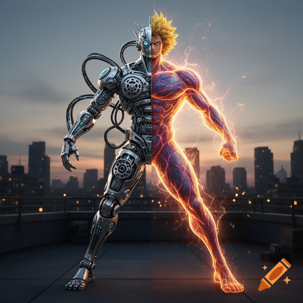 A half-robot, half-glowing anime character stands on a rooftop with a city skyline at dusk.