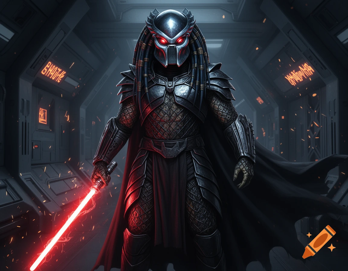 A menacing Predator-Sith hybrid in dark armor with glowing red eyes stands in a futuristic corridor, holding a red lightsaber.