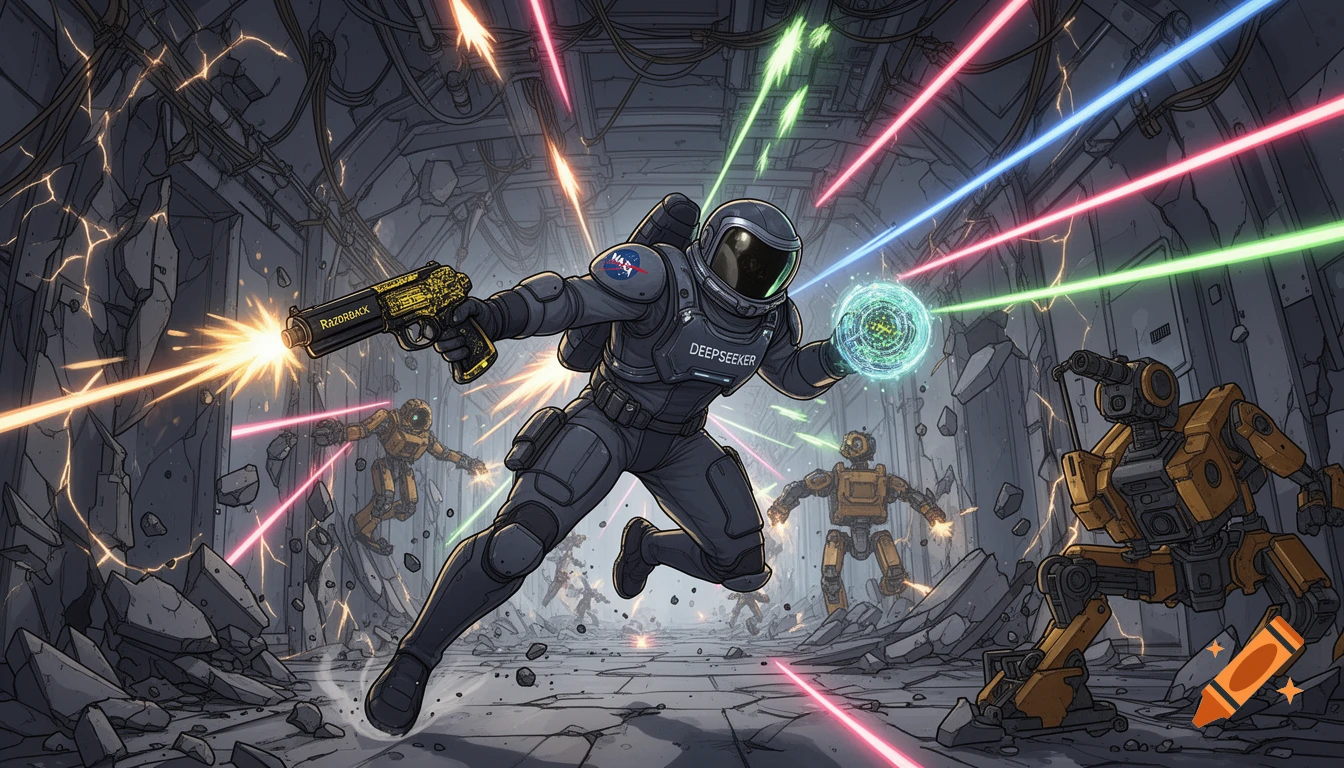 A space marine in Deepseeker armor with a NASA logo fires a Razorback pistol and a glowing artifact, fighting robots in a collapsing sci-fi facility. Anime style.